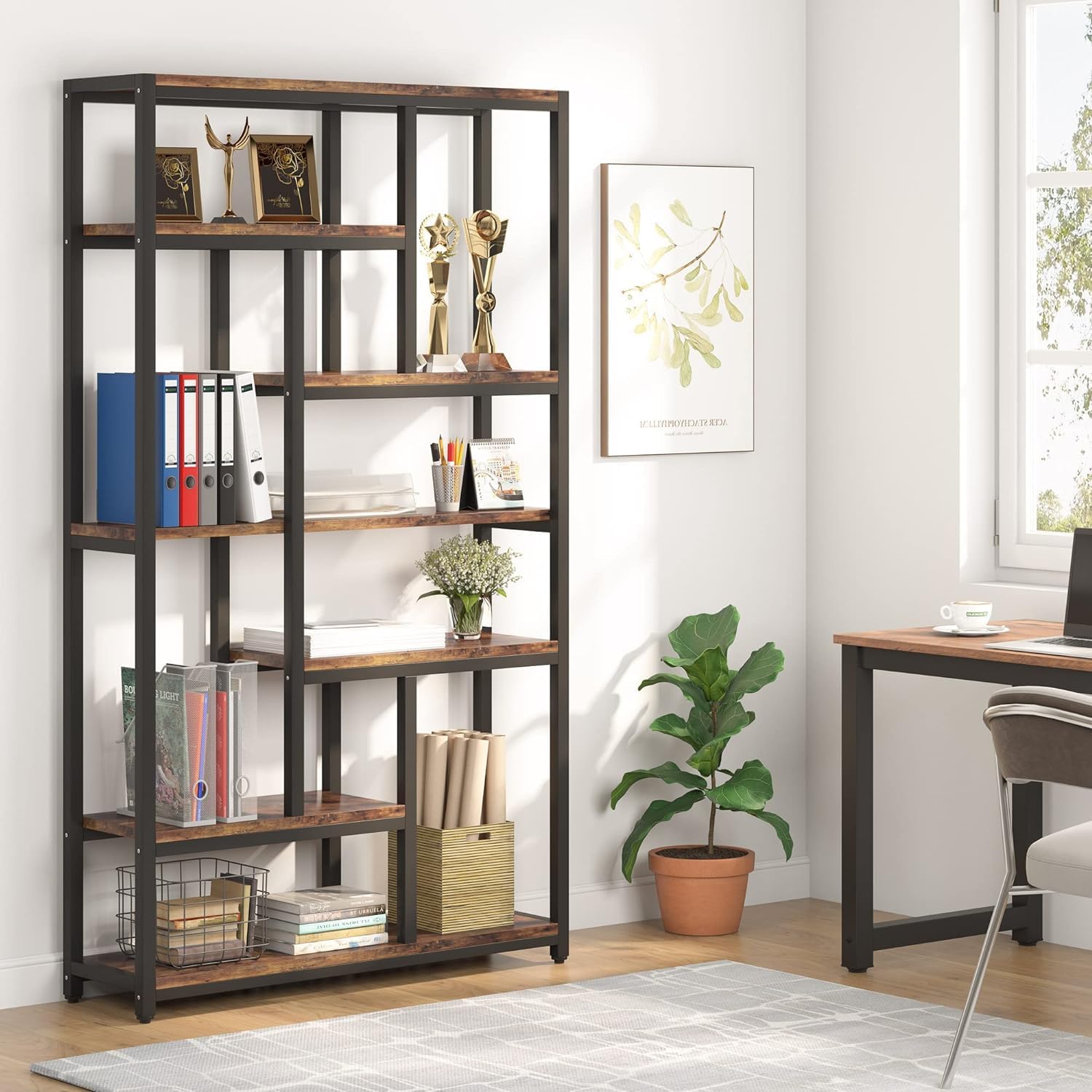 Bibliothèque, 7 niveaux, Etagere Salon, 100 x 30 x 200 cm, Etagere Rangement, Brun, Tribesigns, 3