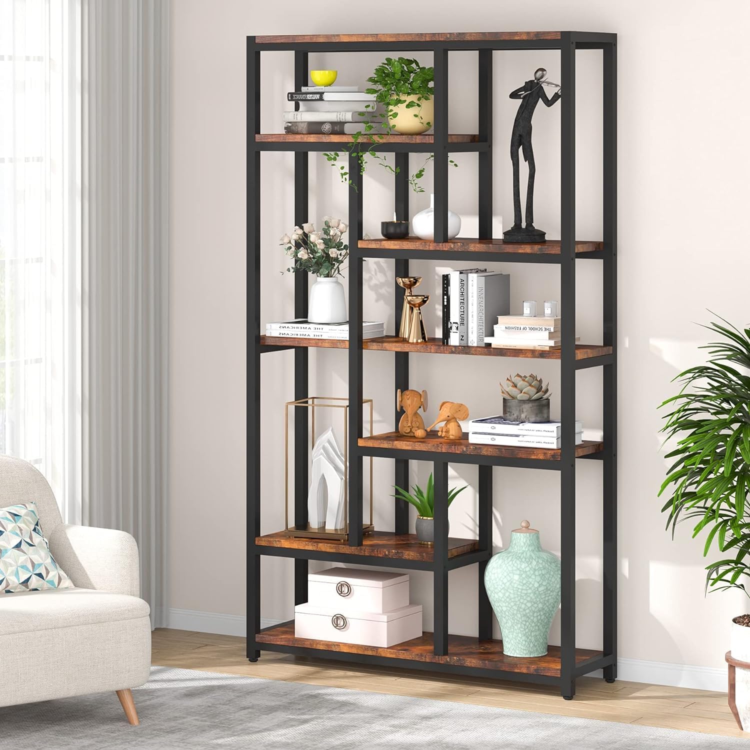 Bibliothèque, 7 niveaux, Etagere Salon, 100 x 30 x 200 cm, Etagere Rangement, Brun, Tribesigns, 9
