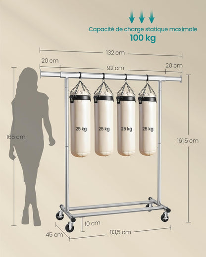 Portant Vêtement Solide, jusqu'à 150kg, Portant Vetement Professionnel, Extensible avec Roulettes, Argent, SONGMICS, 6
