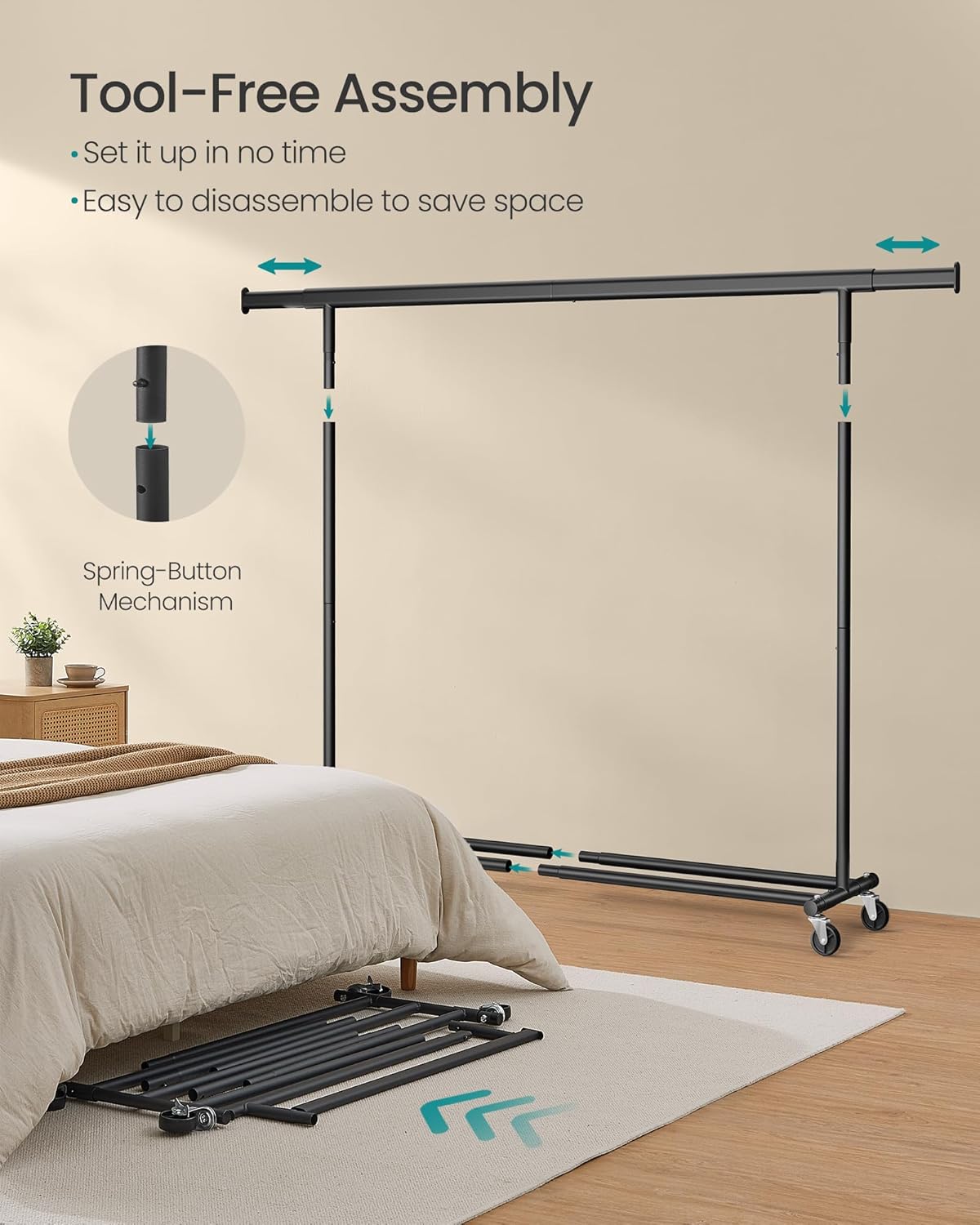 Portant Vêtement Solide, jusqu'à 150kg, Portant Vetement Professionnel, Extensible avec Roulettes, Noir, SONGMICS, 6