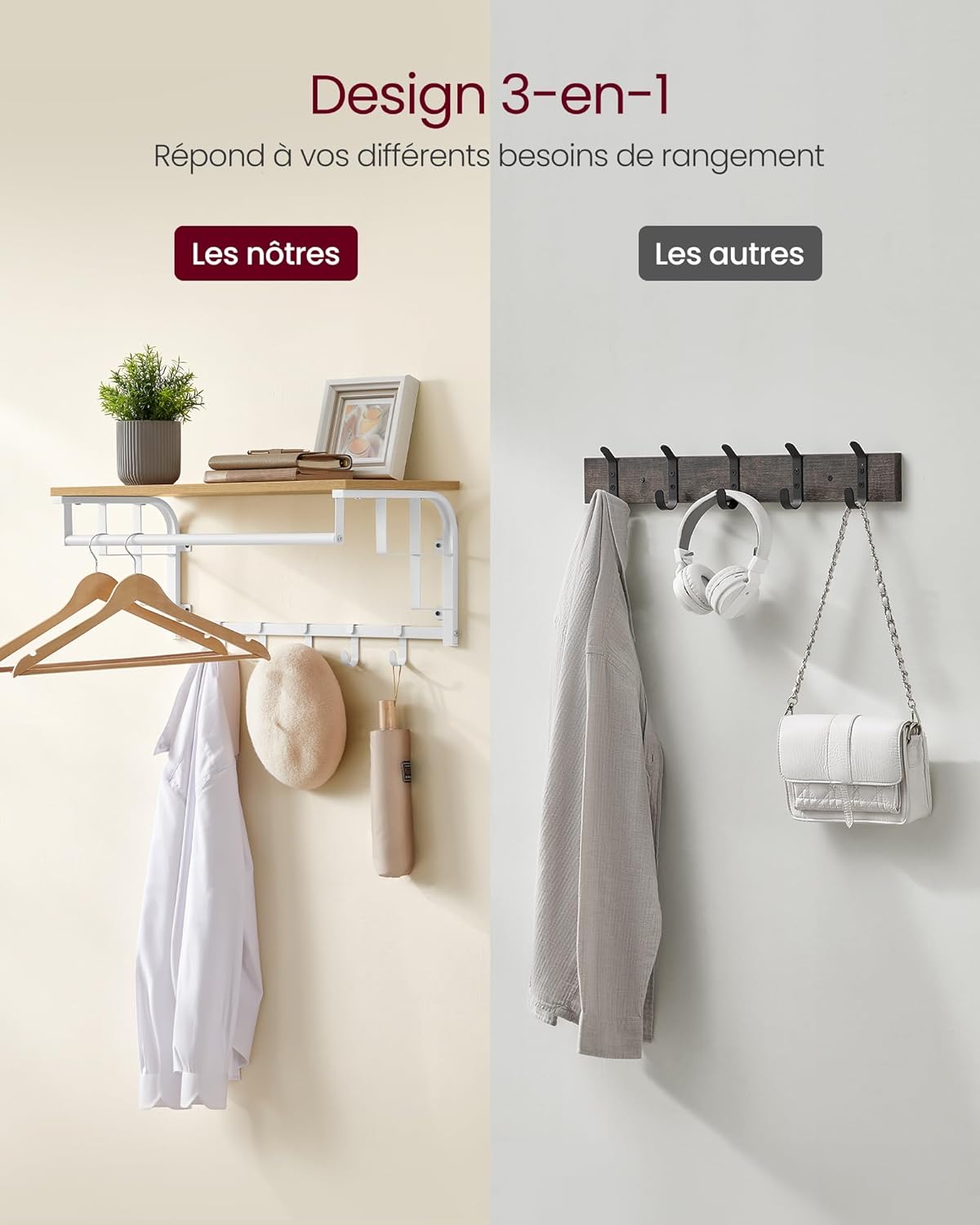 Porte Manteau Mural, avec Étagère, Portant Mural, 5 Crochets Amovibles, Étagère Suspendue avec Tringle, Chêne et Blanc, VASAGLE, 3