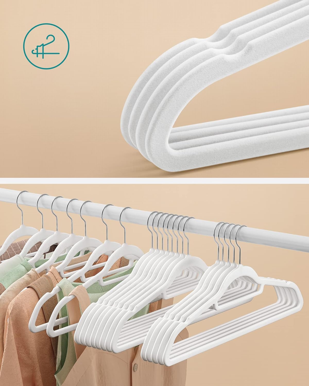 Cintres, Lot de 50, Cintre Pantalon, 43,5 cm, Cintre Velours, avec Barre, Gain de Place, Blanc et Argent, SONGMICS, 3