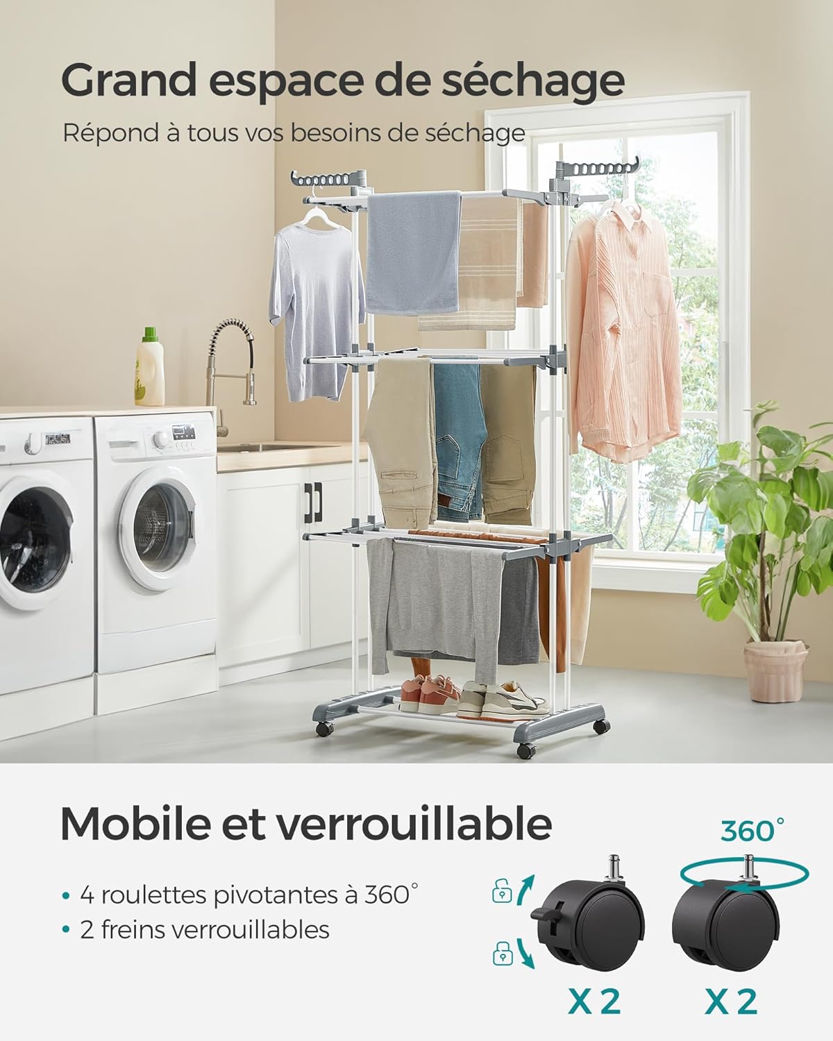 Étendoir a linge, 4 Niveaux, sechoir a linge, avec roulettes, Grande Capacité, Blanc, SONGMICS, 3