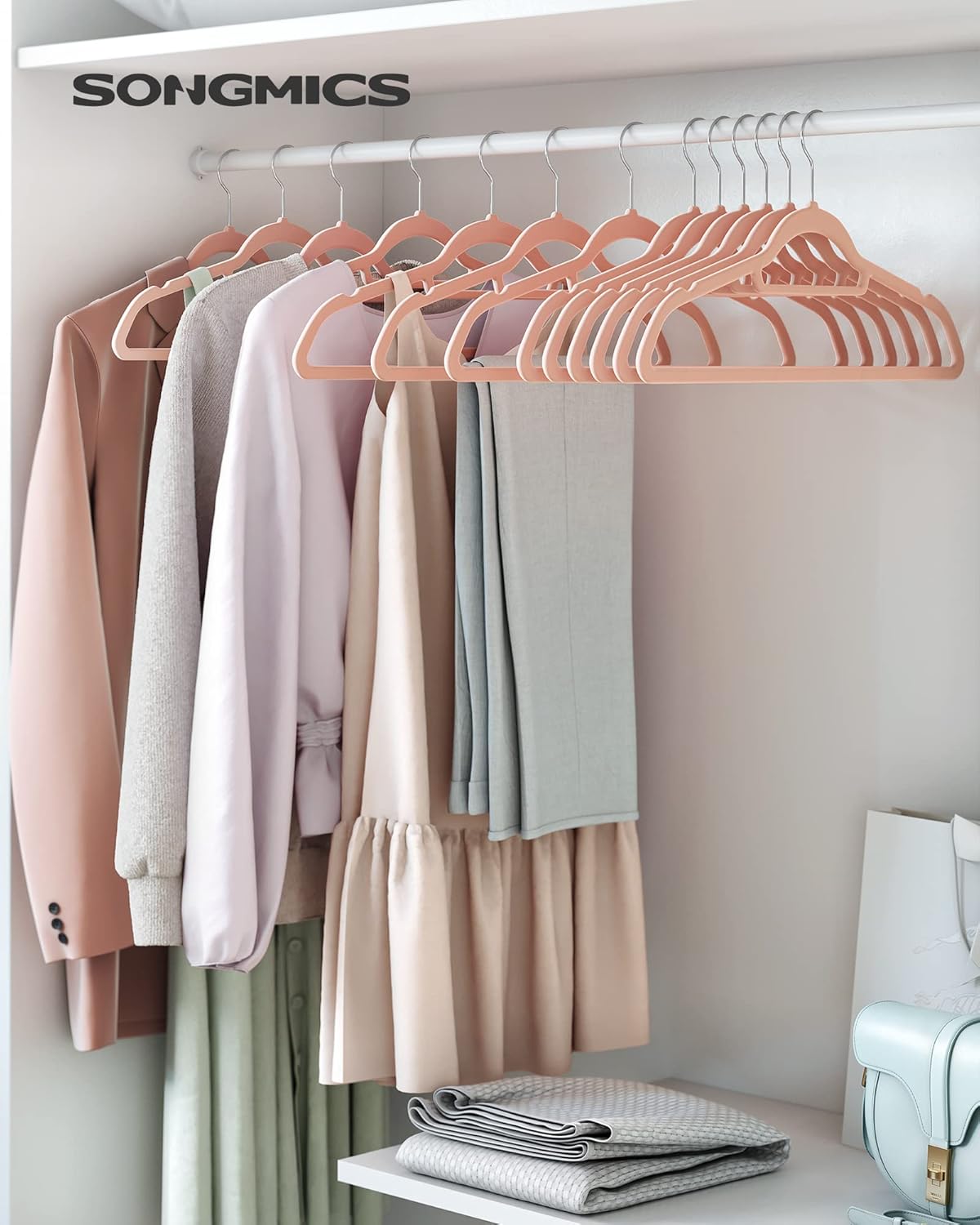 Cintres, Lot de 50, Cintre Pantalon, Longueur 43.5 cm, Cintre Velours, Crochet pivotant à 360°, Rose, SONGMICS, 2
