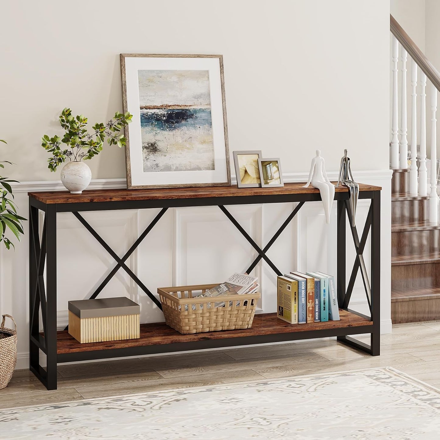 Console Table, Table d'Entrée en Bois à 2 Niveau, Table de Couloir pour Chambre, Salon, Marron, Tribesigns, 2