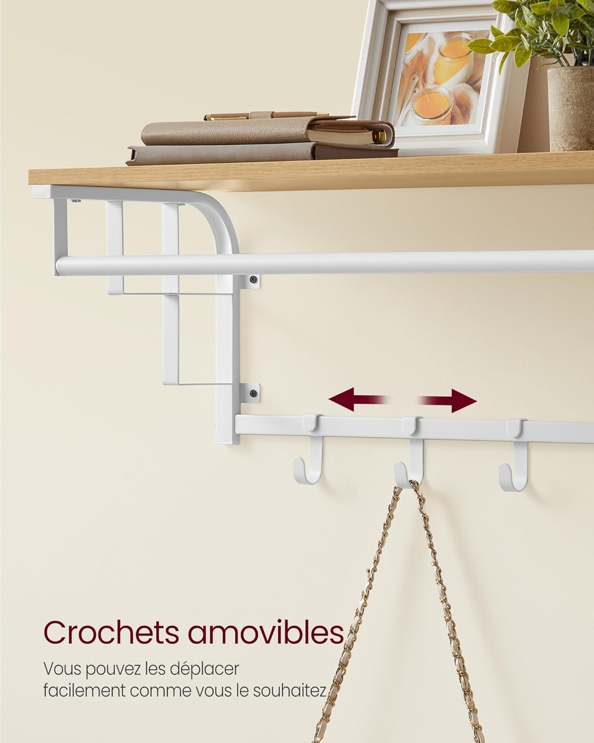 Porte Manteau Mural, avec Étagère, Portant Mural, 5 Crochets Amovibles, Étagère Suspendue avec Tringle, Chêne et Blanc, VASAGLE, 5