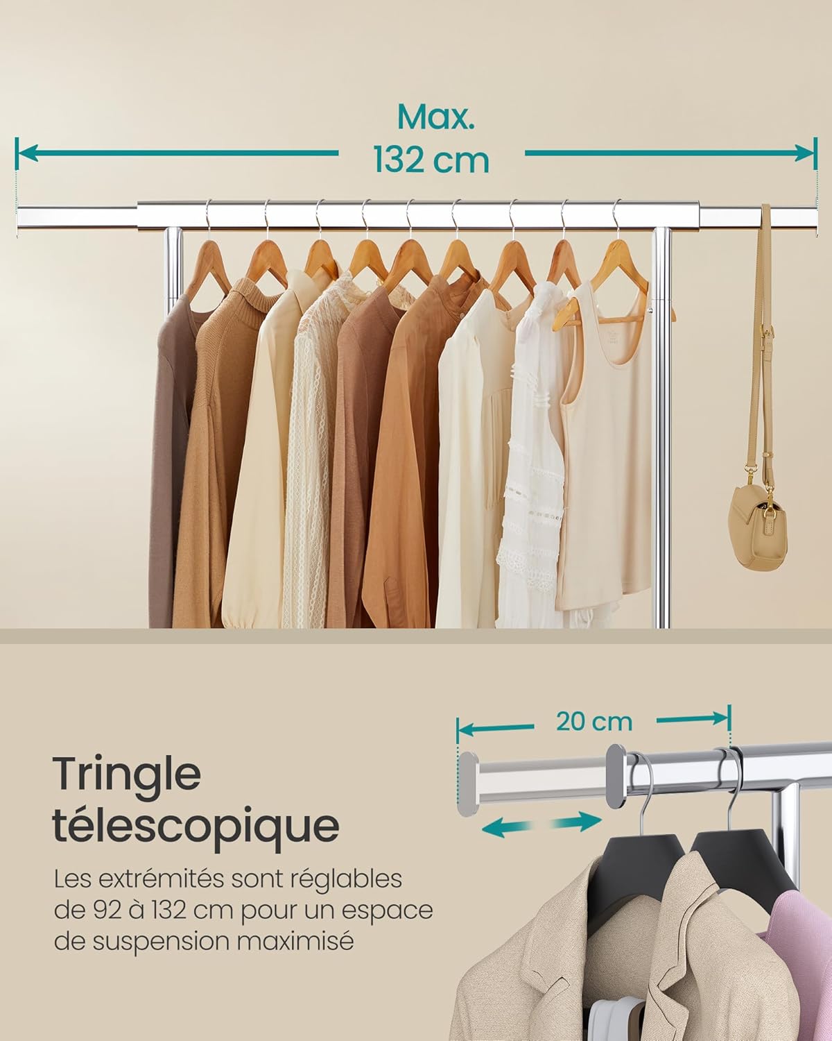 Portant Vêtement Solide, jusqu'à 150kg, Portant Vetement Professionnel, Extensible avec Roulettes, Argent, SONGMICS, 4