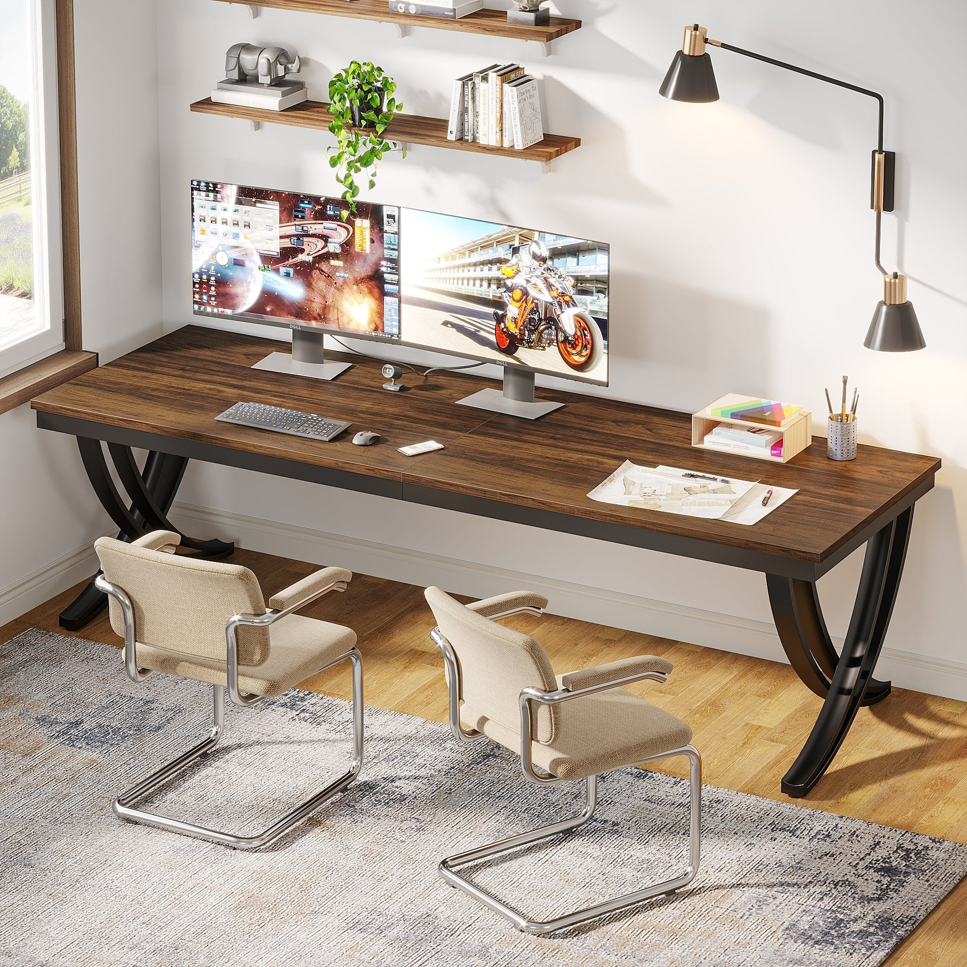 Bureau Double, 200x70x75 cm, Table de Réunion, pour 6-8 personnes, Bureau Ordinateur, Brun, Tribesigns, 4