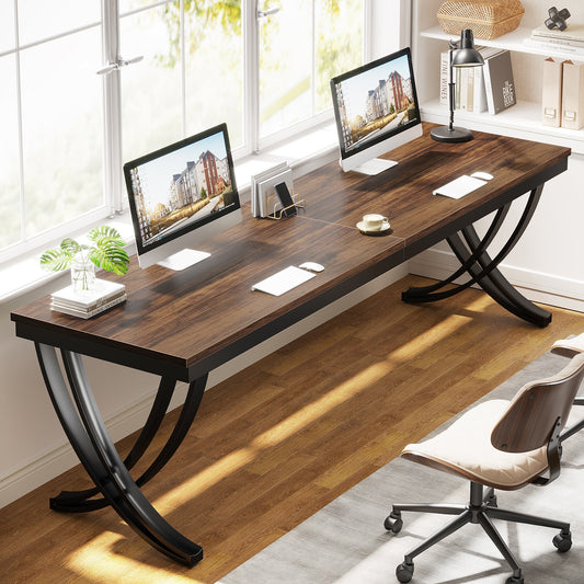 Bureau Double, 200x70x75 cm, Table de Réunion, pour 6-8 personnes, Bureau Ordinateur, Brun, Tribesigns, 1