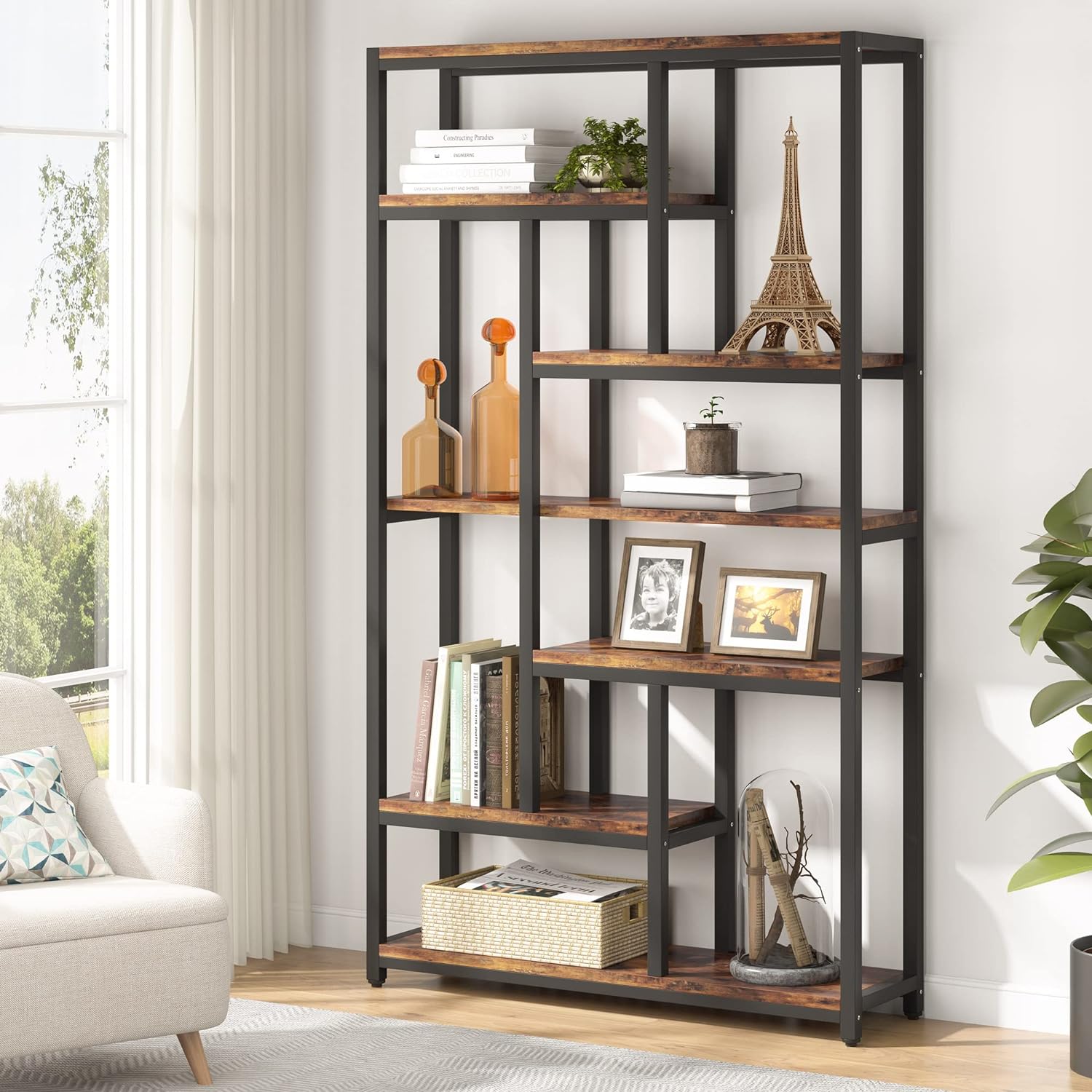 Bibliothèque, 7 niveaux, Etagere Salon, 100 x 30 x 200 cm, Etagere Rangement, Brun, Tribesigns, 1