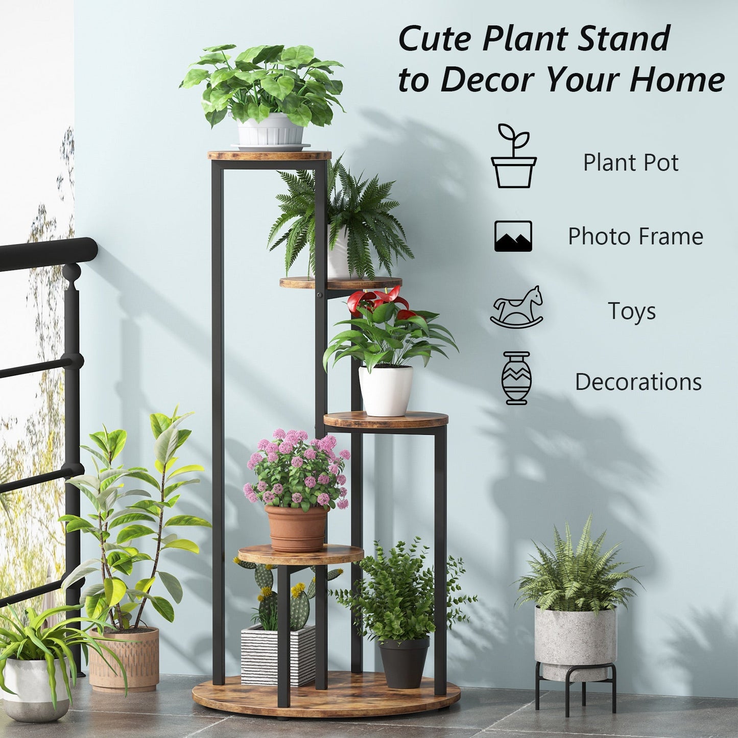 Etagere Plante, 5 niveaux, Support Plante, 50 x 50 x 104 cm, Support plante intérieur, Etagere Salon, Brun Noir, Tribesigns, 5