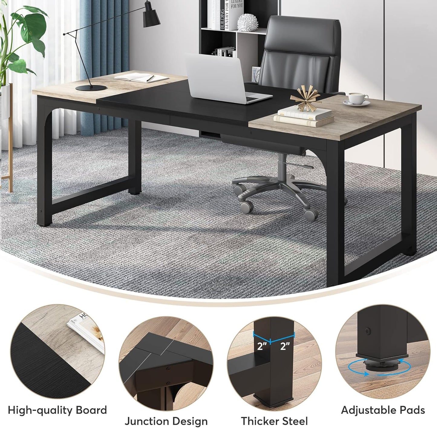 Bureau Ordinateur, 180 x 80 x 75 cm, Bureau informatique, Table de Réunion, Gris Noir, Tribesigns, 5