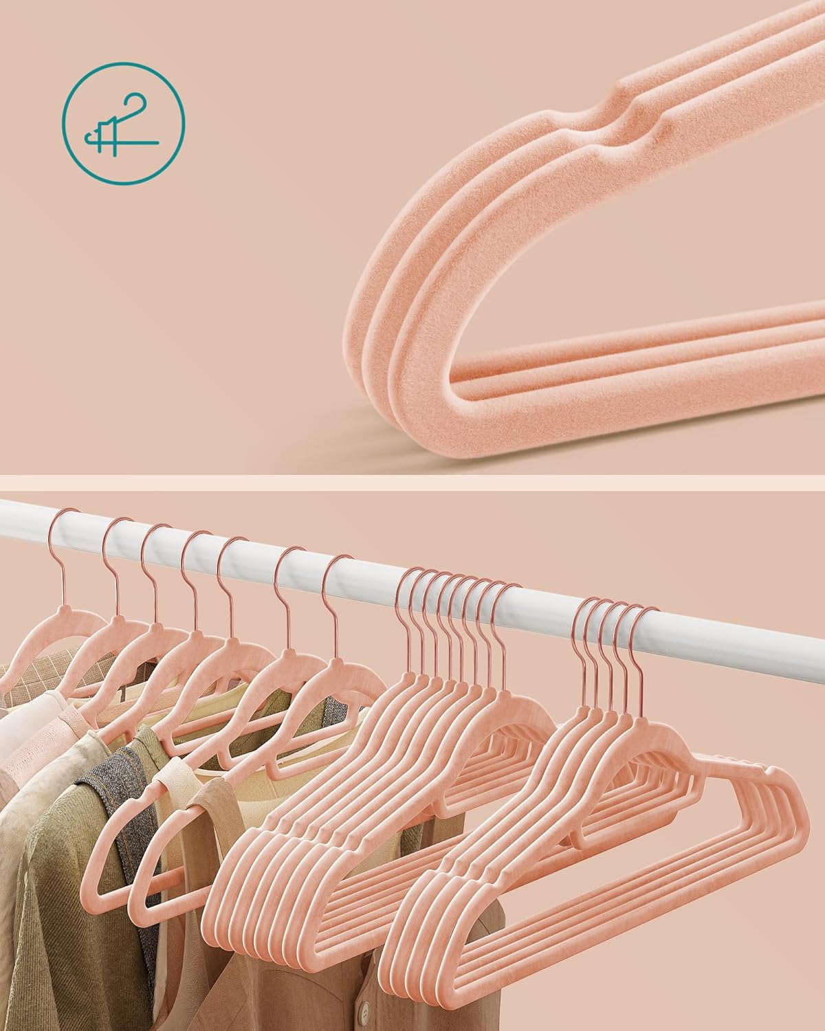 Cintres, Lot de 50, Cintre Pantalon, 43,5 cm, Cintre Velours, Barre à Cravate, Cintre Vetement, Rose, SONGMICS, 4