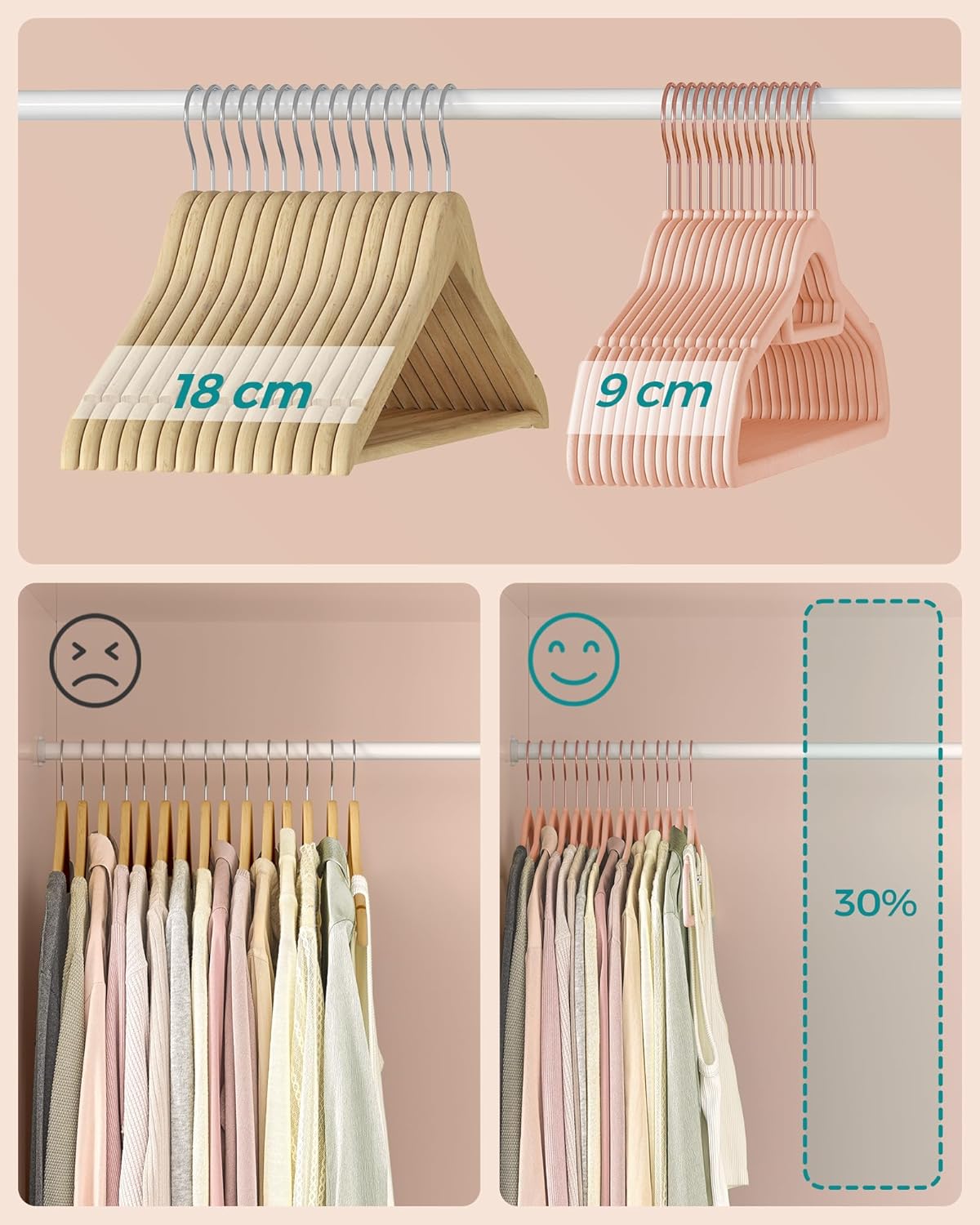 Cintres, Lot de 50, Cintre Pantalon, 43,5 cm, Cintre Velours, Barre à Cravate, Cintre Vetement, Rose, SONGMICS, 7