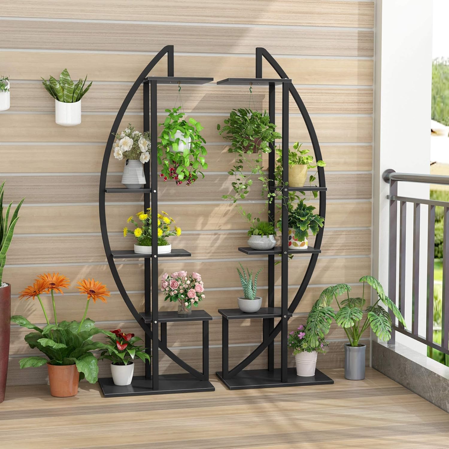 Support Plante, lot de 2, Etagere Plante, 5 niveaux avec 2 crochets, hauteur 160cm, Noir, Tribesigns, 3