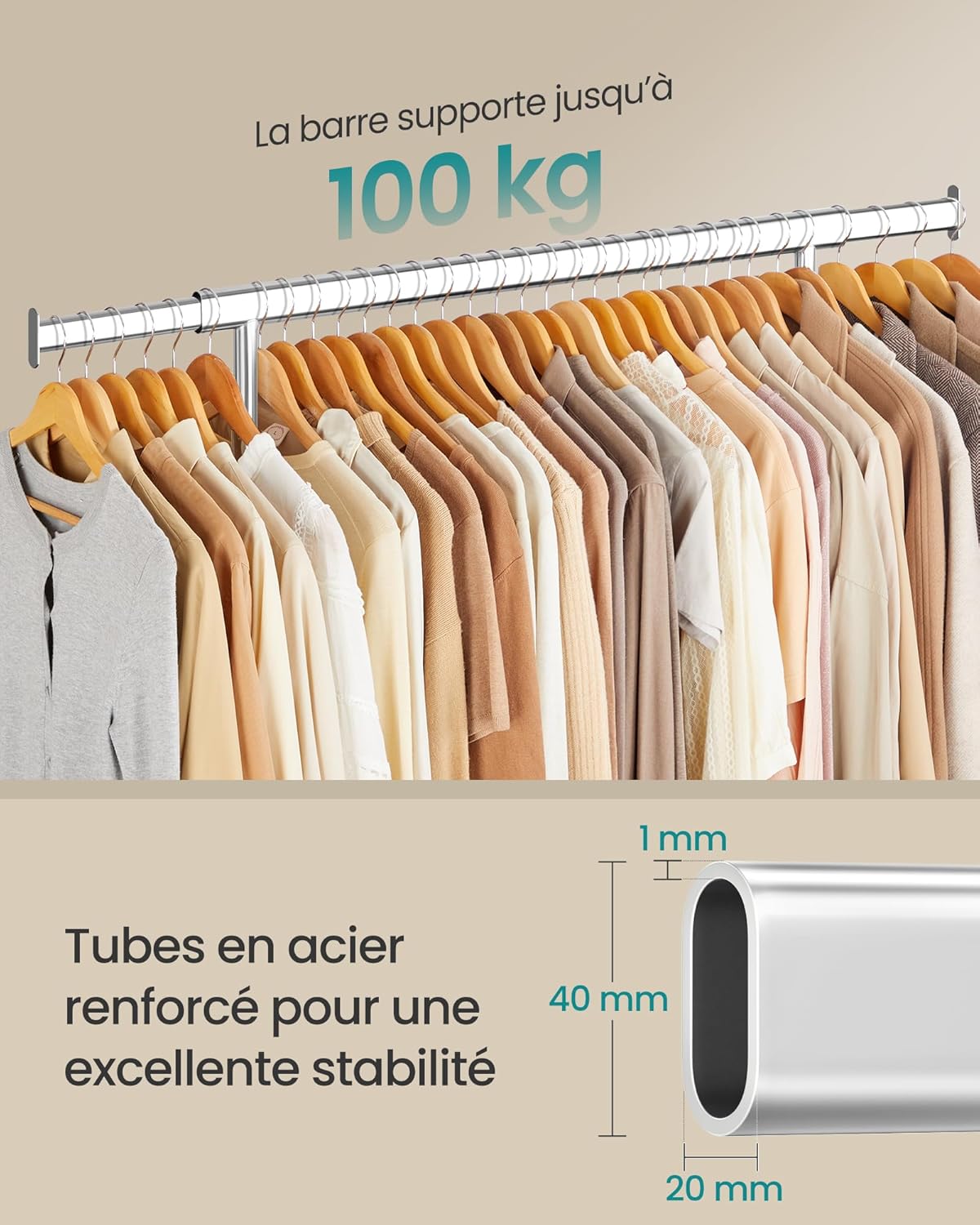 Portant Vêtement Solide, jusqu'à 150kg, Portant Vetement Professionnel, Extensible avec Roulettes, Argent, SONGMICS, 3