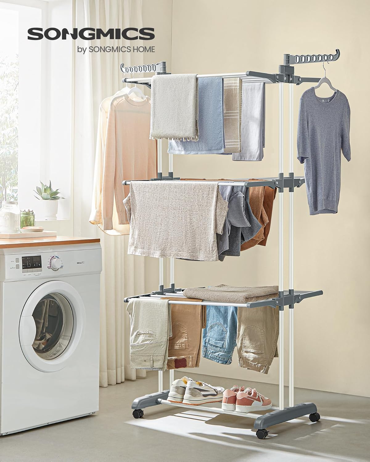 Étendoir a linge, 4 Niveaux, sechoir a linge, avec roulettes, Grande Capacité, Blanc, SONGMICS, 8