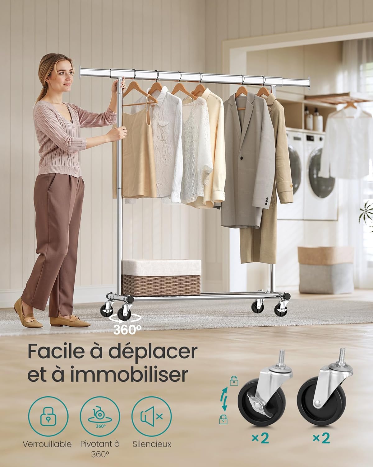 Portant Vêtement Solide, jusqu'à 150kg, Portant Vetement Professionnel, Extensible avec Roulettes, Argent, SONGMICS, 5