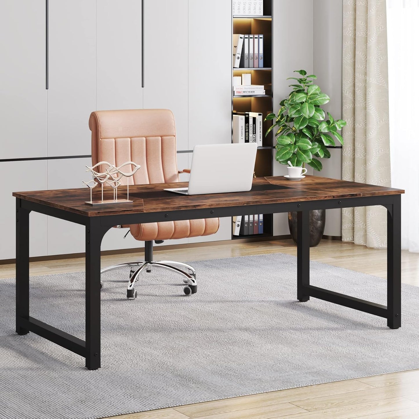 Bureau Ordinateur, 180 x 90 x 77 cm, Bureau Professionnel, Table de Réunion, Brun, Tribesigns, 1