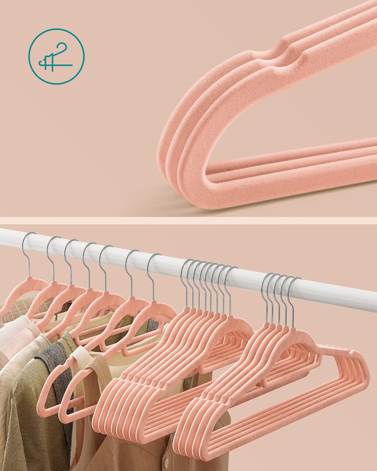Cintres, Lot de 50, Cintre Pantalon, Longueur 43.5 cm, Cintre Velours, Crochet pivotant à 360°, Rose, SONGMICS, 7
