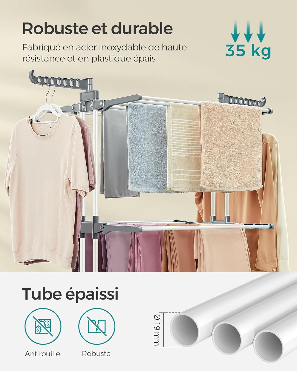 Étendoir a linge, 4 Niveaux, sechoir a linge, avec roulettes, Grande Capacité, Blanc, SONGMICS, 5