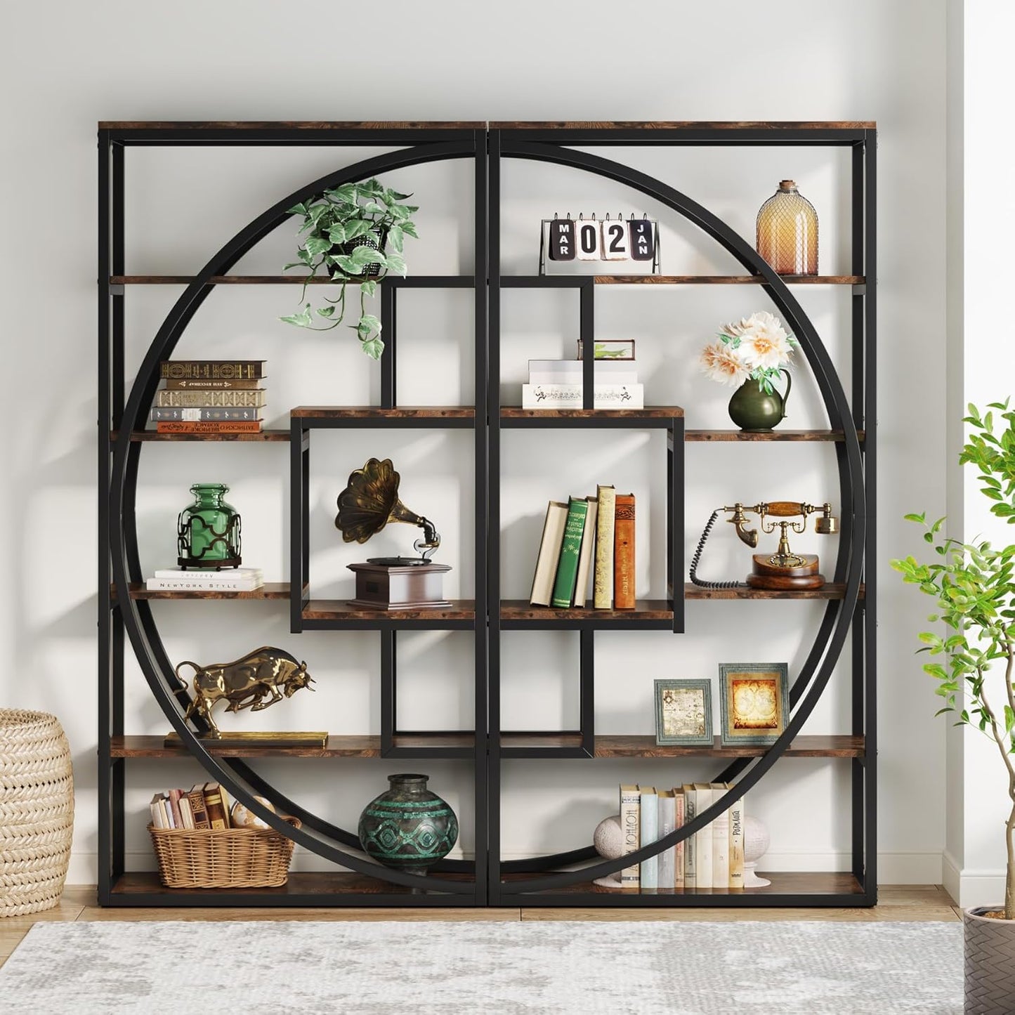 Bibliothèque, 6 niveaux, Etagere Salon, avec 8 compartiments ouverts, 80x30x180 cm, Brun Vintage, Tribesigns, 7