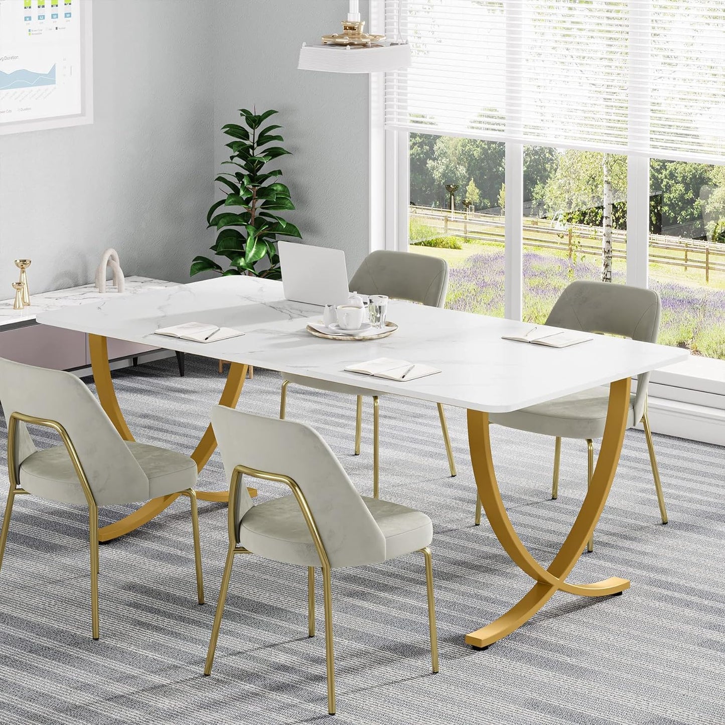 Bureau Ordinateur, 160x80x75 cm, Table de Réunion, avec plateau en faux marbre, Blanc Or, Tribesigns, 5