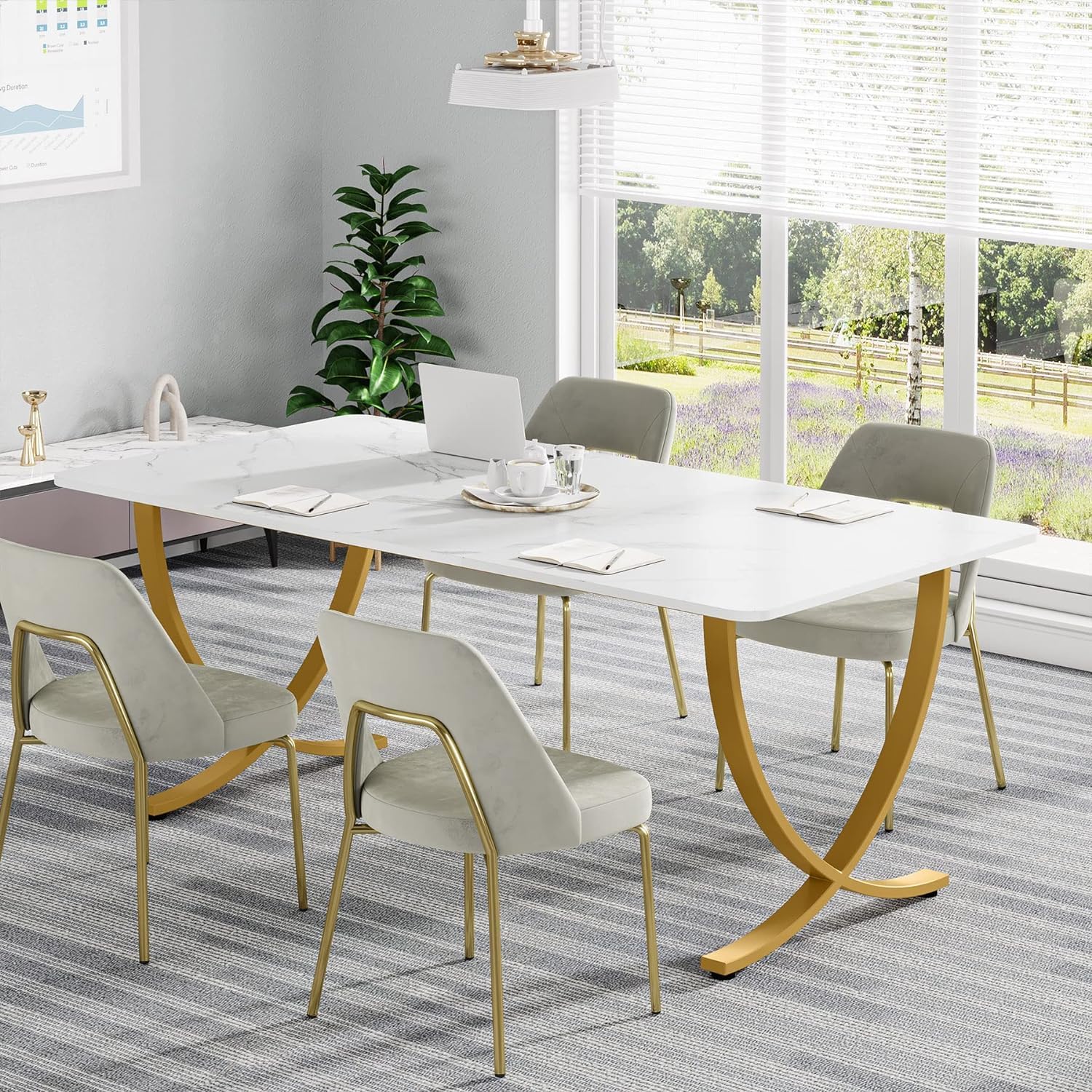 Bureau Ordinateur, 160x80x75 cm, Table de Réunion, avec plateau en faux marbre, Blanc Or, Tribesigns, 5