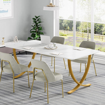 Bureau Ordinateur, 160x80x75 cm, Table de Réunion, avec plateau en faux marbre, Blanc Or, Tribesigns, 5