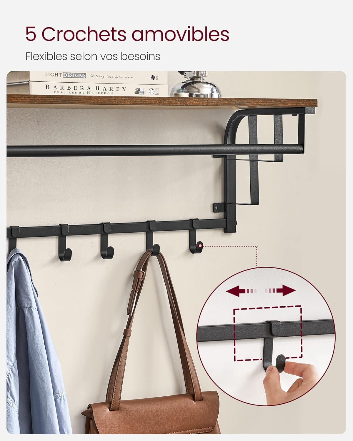 Porte Manteau Mural,avec Étagère, Portant Mural, 5 Crochets Amovibles, Étagère Suspendue avec Tringle, Marron et Noir, VASAGLE, 5