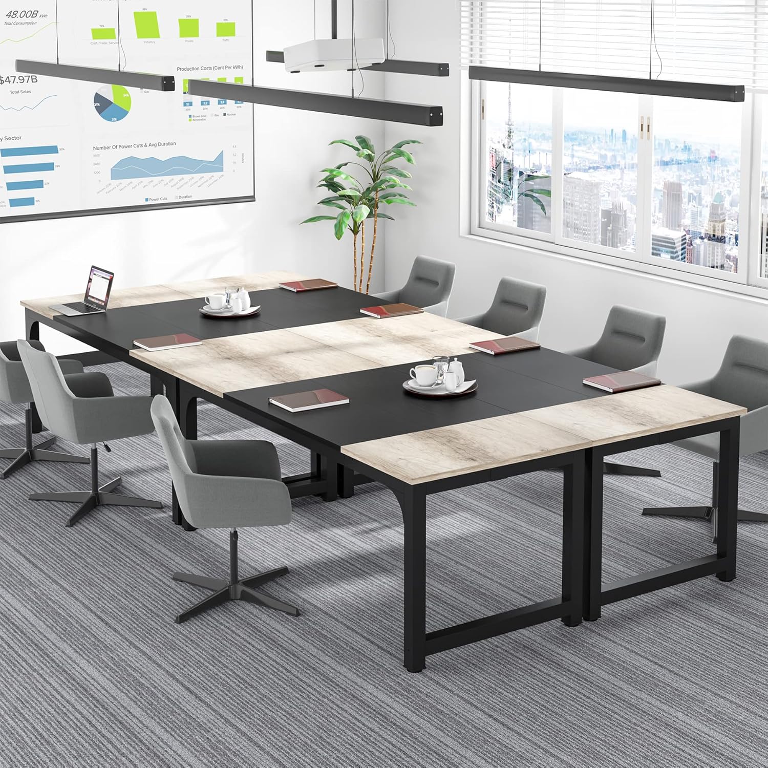 Bureau Ordinateur, 180 x 80 x 75 cm, Bureau informatique, Table de Réunion, Gris Noir, Tribesigns, 6