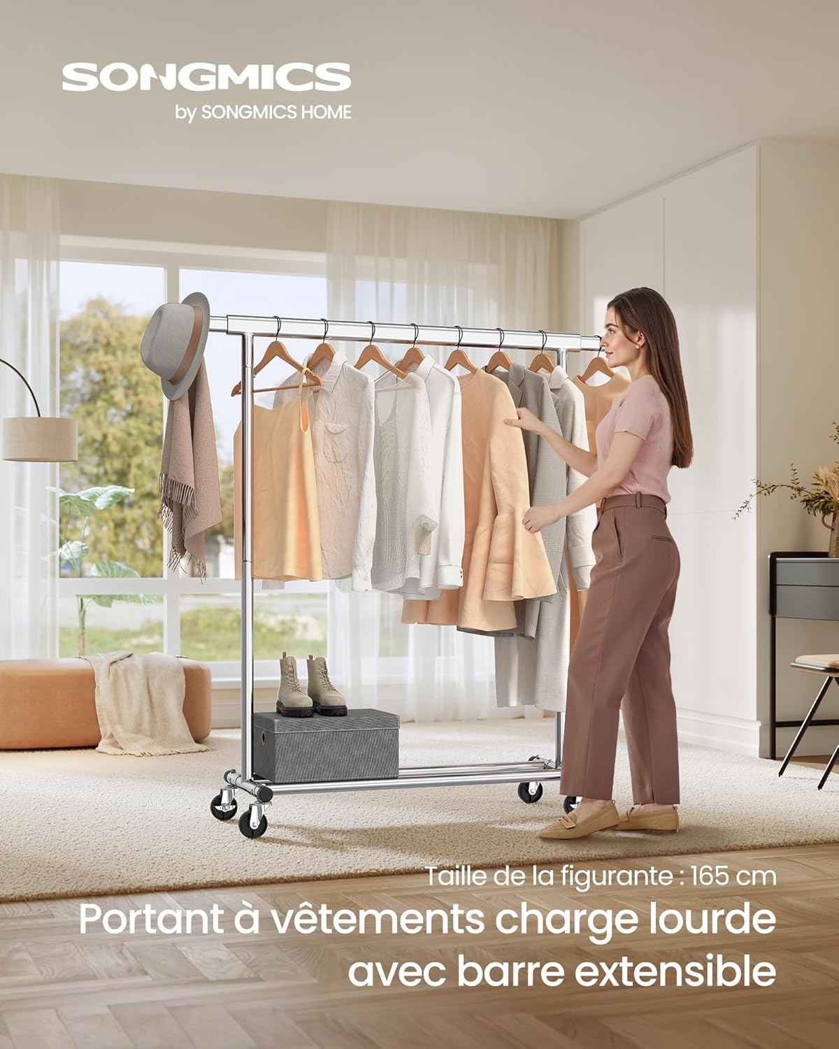 Portant Vêtement Solide, jusqu'à 150kg, Portant Vetement Professionnel, Extensible avec Roulettes, Argent, SONGMICS, 7