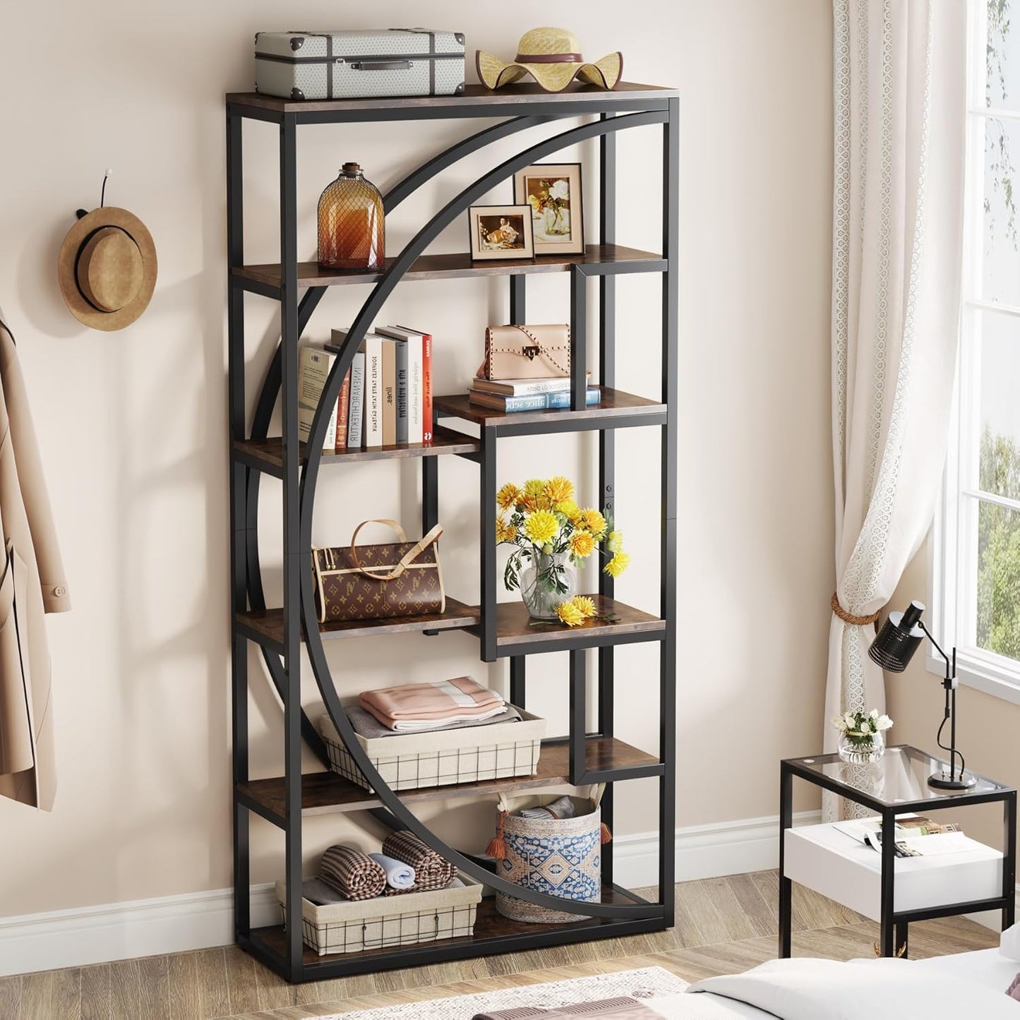 Bibliothèque, 6 niveaux, Etagere Salon, avec 8 compartiments ouverts, 80x30x180 cm, Brun Vintage, Tribesigns, 2