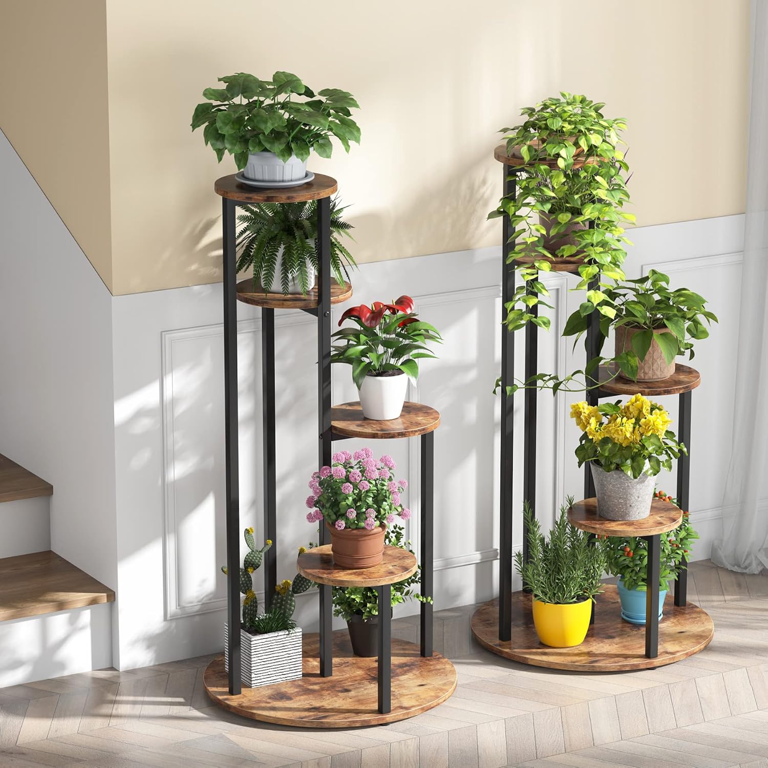 Etagere Plante, 5 niveaux, Support Plante, 50 x 50 x 104 cm, Support plante intérieur, Etagere Salon, Brun Noir, Tribesigns, 3