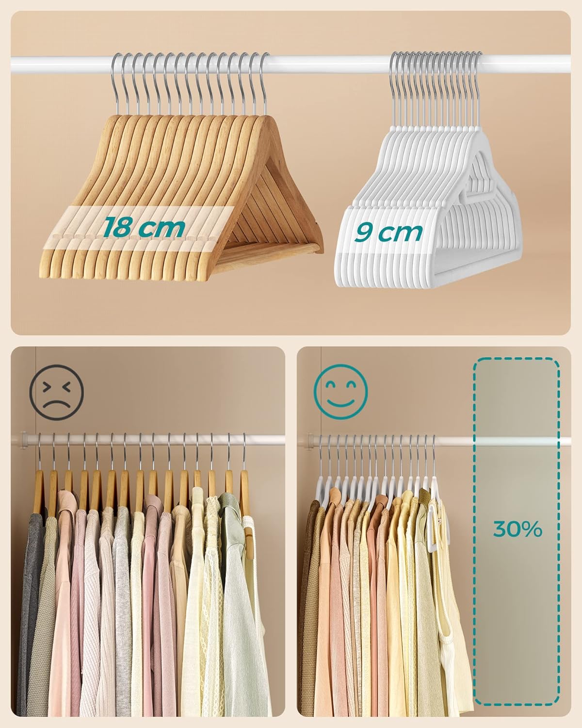 Cintres, Lot de 50, Cintre Pantalon, 43,5 cm, Cintre Velours, avec Barre, Gain de Place, Blanc et Argent, SONGMICS, 6