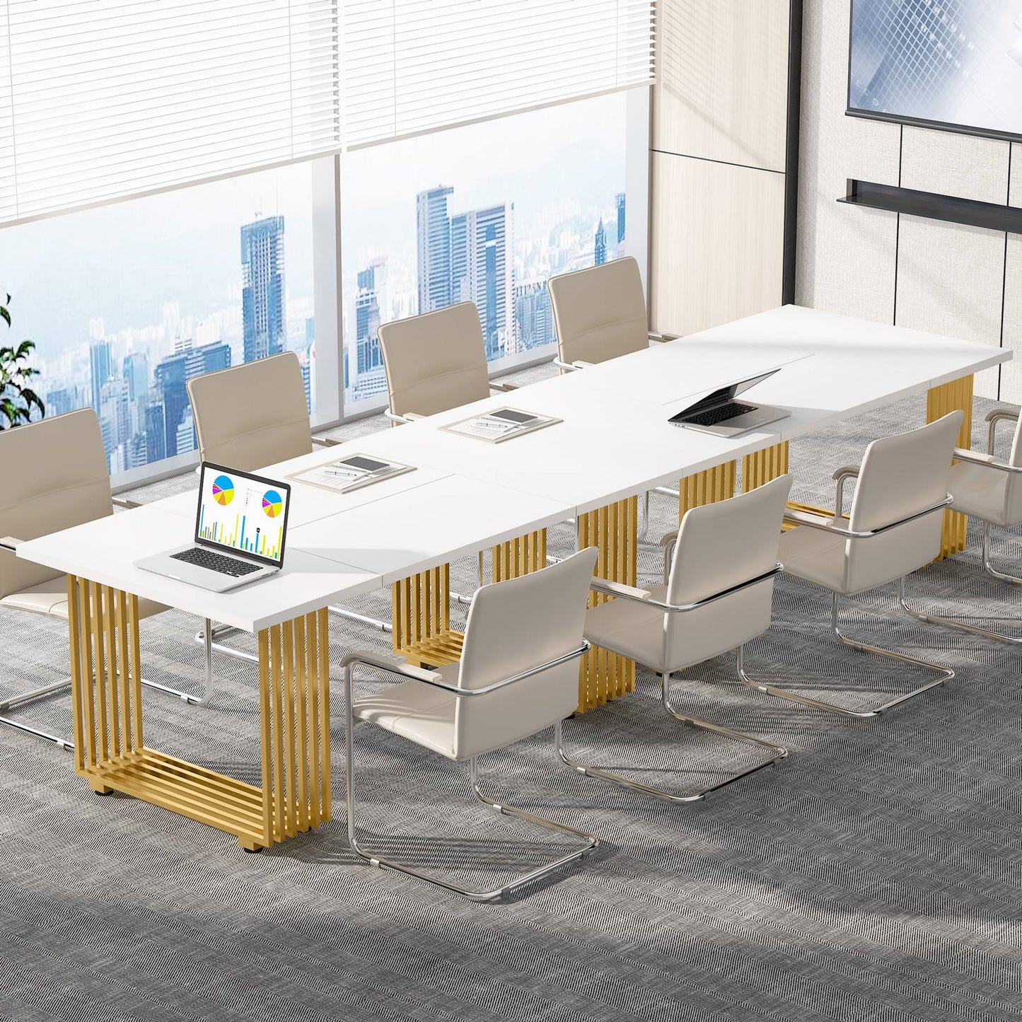 Bureau Ordinateur, 180 x 79 x 78 cm, Bureau informatique, Bureau Travail, Blanc et Or, Tribesigns, 7