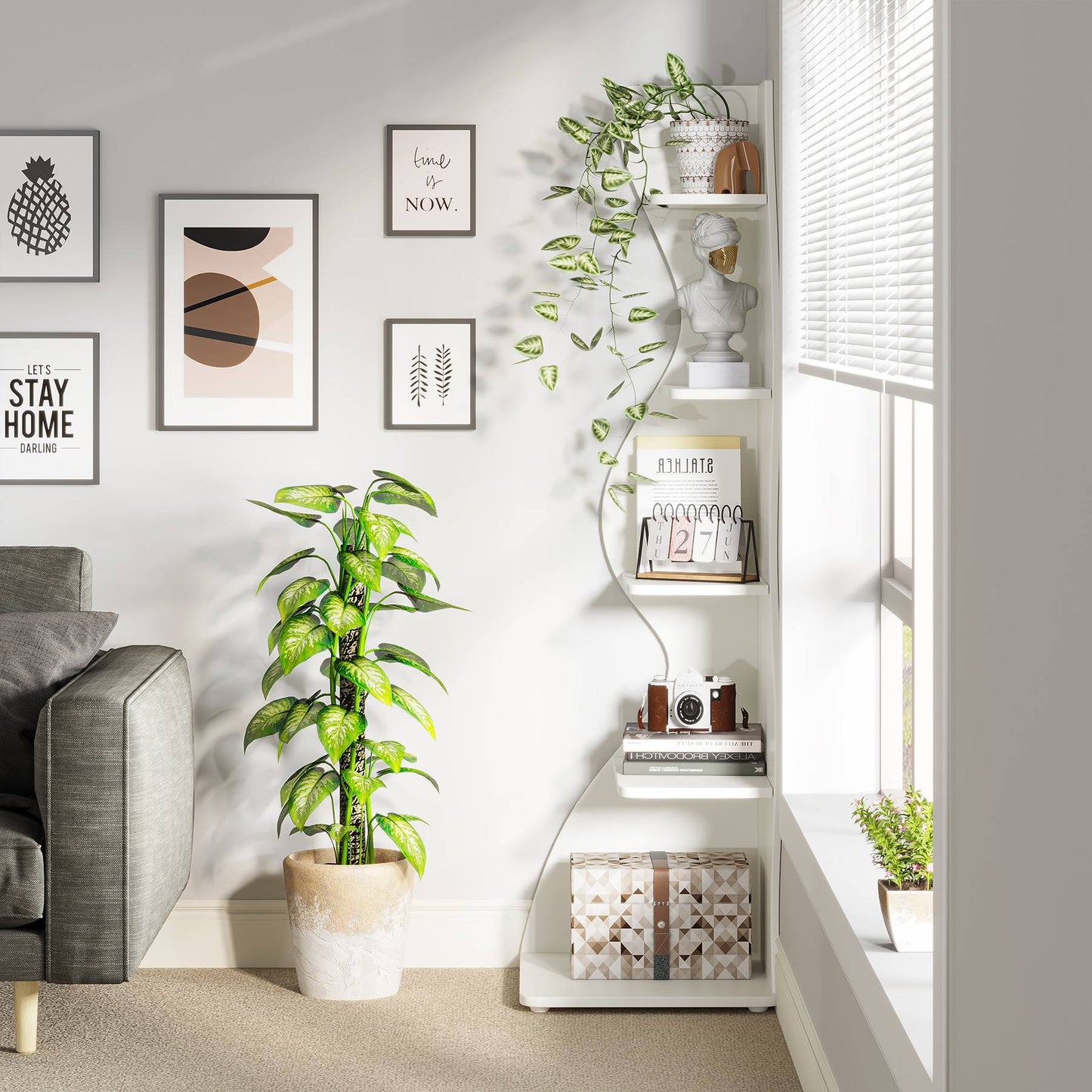 Etagere d'angle, 5 Niveaux, Bibliothèque d'angle, 50 x 48 x 177 cm, Blanche, Tribesigns, 7