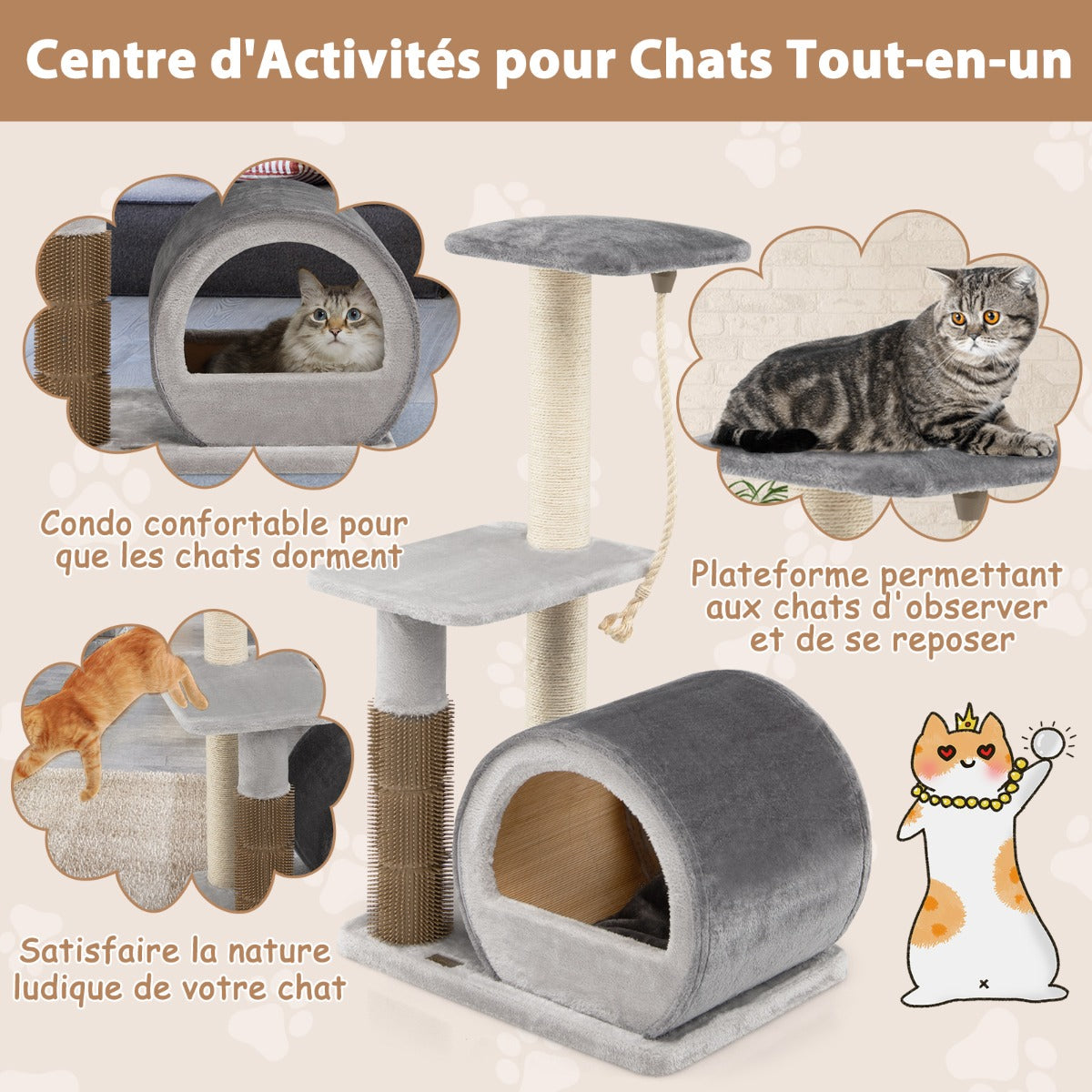 Arbre à Chat, Griffoir Chat, 92cm, 3 Niveaux avec Poteaux en Sisal et Poteau EVA Tour à Chat en Peluche, Gris, Costway, 8