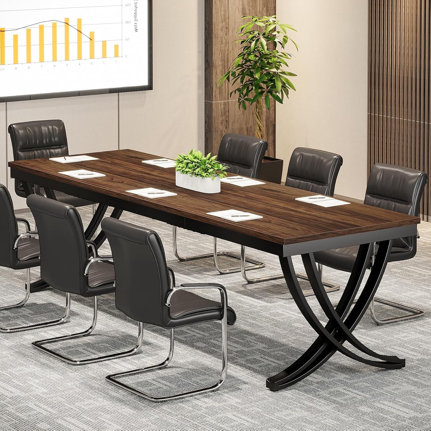 Bureau Double, 200x70x75 cm, Table de Réunion, pour 6-8 personnes, Bureau Ordinateur, Brun, Tribesigns, 7
