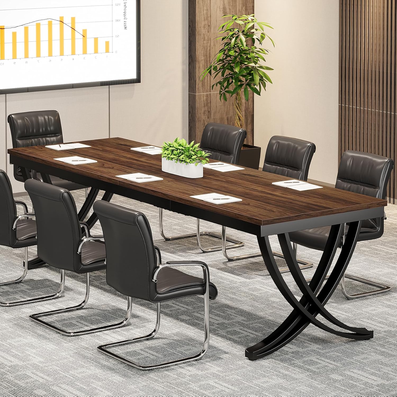 Bureau Double, 200x70x75 cm, Table de Réunion, pour 6-8 personnes, Bureau Ordinateur, Brun, Tribesigns, 7