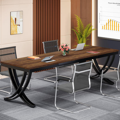 Bureau Double, 200x70x75 cm, Table de Réunion, pour 6-8 personnes, Bureau Ordinateur, Brun, Tribesigns, 2
