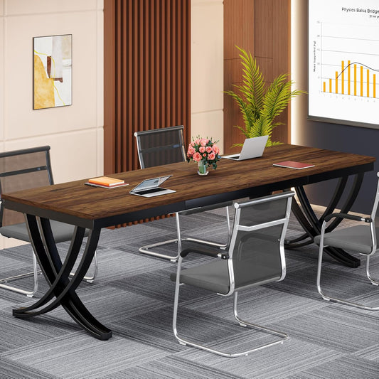 Bureau Double, 200x70x75 cm, Table de Réunion, pour 6-8 personnes, Bureau Ordinateur, Brun, Tribesigns, 2