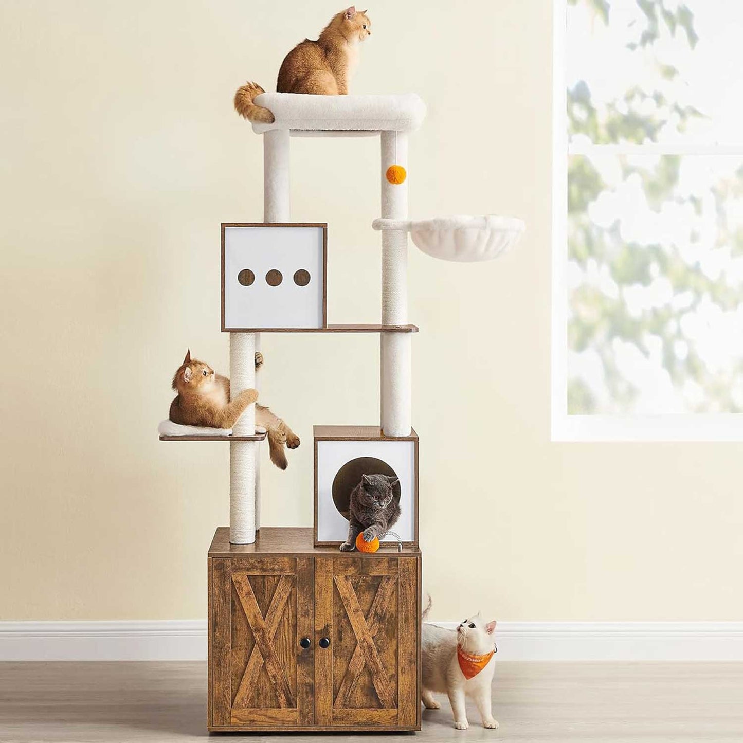 Arbre a Chat, Tour à Griffer Chat, Maison de Toilette pour Chat, Tour de Jeu avec Tapis Lavables, Marron, Feandrea, 1