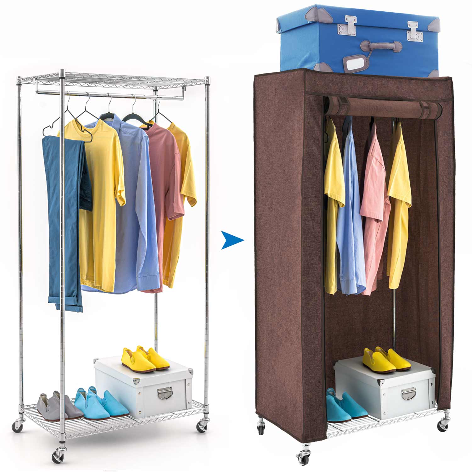 Armoire Tissu Penderie Mobile avec Housse, Portant à Vêtements Solide avec Roulettes et Range-Chaussures, art moon buffalo