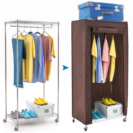 Armoire Tissu Penderie Mobile avec Housse, Portant à Vêtements Solide avec Roulettes et Range-Chaussures, art moon buffalo