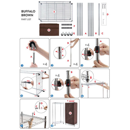 Armoire Tissu Penderie Mobile avec Housse, Portant à Vêtements Solide avec Roulettes et Range-Chaussures, art moon buffalo, 9