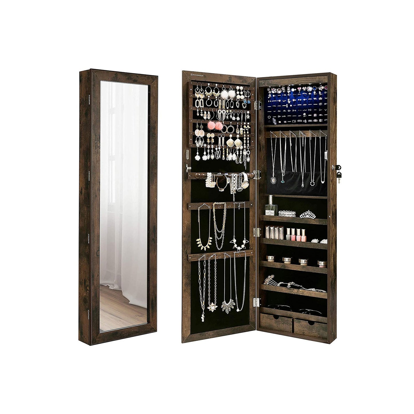 Armoire à bijoux, Meuble de rangement mural, Placard à accessoires, avec miroir, Marron rustique, SONGMICS, 1
