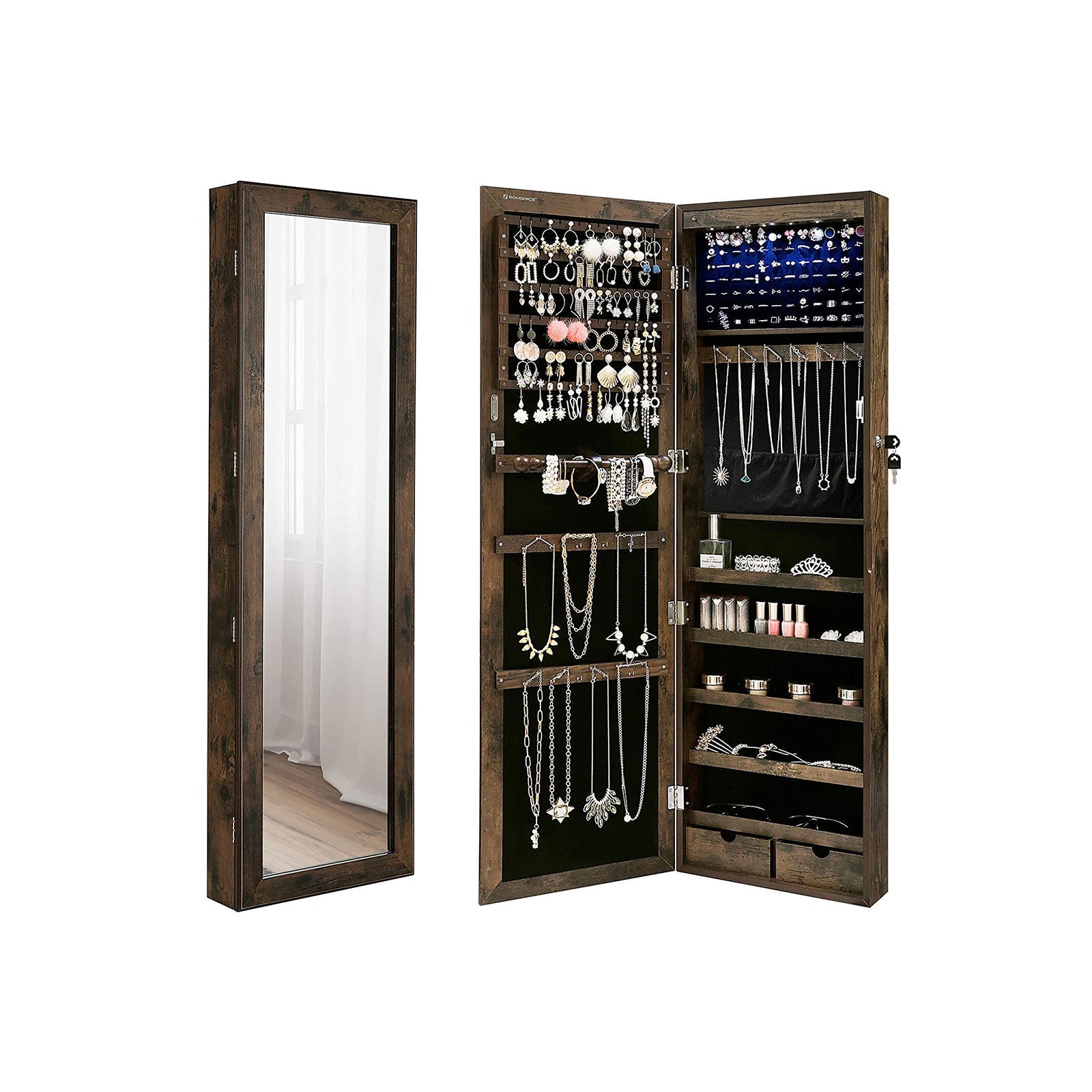 Armoire à bijoux, Meuble de rangement mural, Placard à accessoires, avec miroir, Marron rustique, SONGMICS, 1