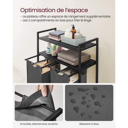 Panier à Linge, 2 x 46L, Corbeille à Linge, 2 Étagères, Meuble Panier à Linge, 2 Sacs Amovibles Cadre en Métal, Noir Gris, VASAGLE, 5