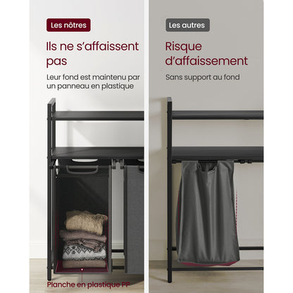 Panier à Linge, 2 x 46L, Corbeille à Linge, 2 Étagères, Meuble Panier à Linge, 2 Sacs Amovibles Cadre en Métal, Noir Gris, VASAGLE, 7